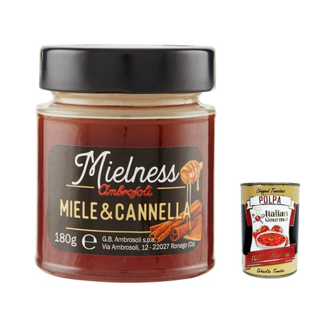 Ambrosoli Gewürzmischungen Ambrosoli Mielnsess Miele e cannella, Blumenhonig mit Zimtextrakt, 180g 12x Original italienisch inkl. Italian Gourmet Polpa 400g 8006450018765
