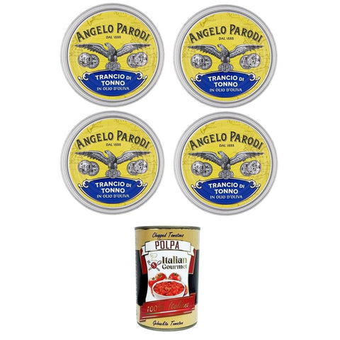 Angelo Parodi Thunfisch Angelo Parodi Trancio di Tonno in olio di Oliva Thunfischsteak in Olivenöl 4x150 g italienisch Original + kostenlos Polpa di Pomodoro 400 g 8032804040014