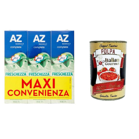 AZ Dentifricio Complete Zahncremes AZ Dentifricio Complete Plus Freschezza Delicata Menta Leggera Complete Plus Zahnpasta Zarte Frische Leichte Minze 3x65 ml Original italienisch inkl. Italian Gourmet Polpa 400g 8032804040014