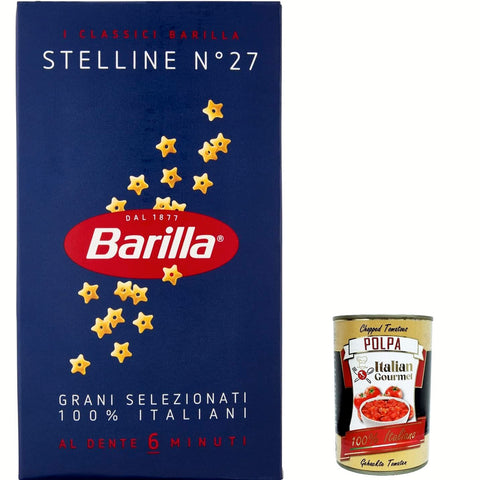 Barilla Stelline n° 27, Pasta 100% italienisch Nudeln aus Hartweizengrieß 500g Packung 20x Original italienisch inkl. Italian Gourmet Polpa di Pomodoro 400g Dose