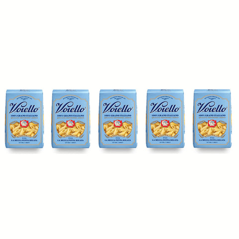 Voiello La Mezza Penna Rigata n°154 Pasta 100% Italienischer Weizen Teigwaren aus Hartweizengrieß Bronze Zeichnung 5x500g Original italienisch