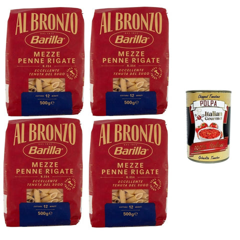 Barilla Nudeln & Pasta Barilla Al Bronzo Pasta Mezze Penne Rigate Bronze Gezogene Pasta Rohe Verarbeitungsmethode4x500 g italienisch Original + kostenlos polpa 400 g 8076809585255
