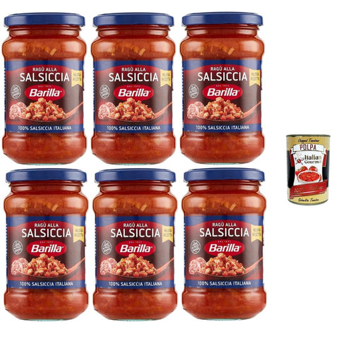 Barilla Pastasaucen Barilla Ragù alla Salsiccia, Italienische Wurstsoße, 6 x 300g Gläser Original italienisch inkl. Italian Gourmet Polpa 400g