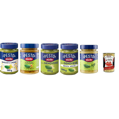 Barilla Pesto Barilla Pesto 5x 190g Pesto mit Basilikum aus nachhaltiger Landwirtschaft hergestellt Testpaket Original italienisch inkl. Italian Gourmet Polpa 400g 8076809582643