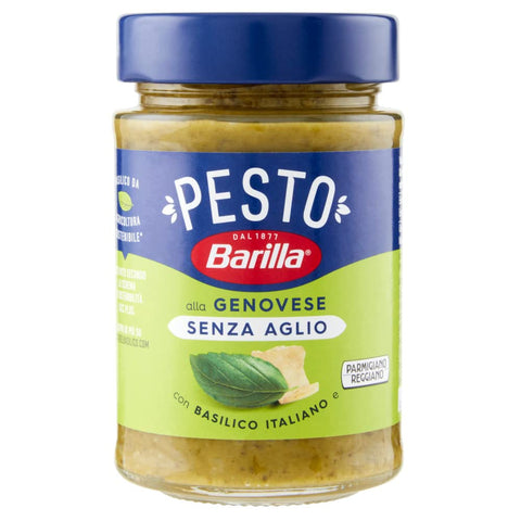 Barilla Pesto Barilla Pesto alla Genovese Senza Aglio,Pesto mit Frischem Basilikum, ohne Knoblauch Glutenfrei 190g Glas 12x Original italienisch inkl. Italian Gourmet Polpa di Pomodoro 400g Dose 8076809540742