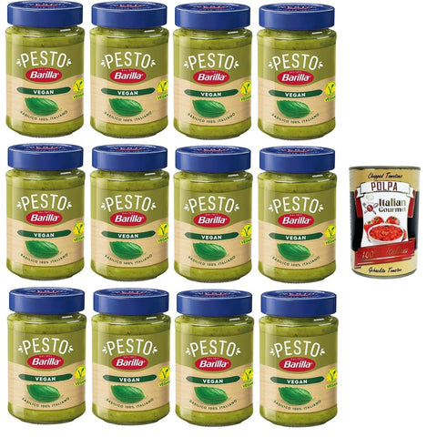 Barilla Pesto Barilla Pesto Di Basilico Vegan Condimento e Sugo per Pasta Veganes Basilikum-Pesto-Gewürz und Pastasauce 12x190 g Original italienisch inkl. Italian Gourmet Polpa 400g 8076809572569
