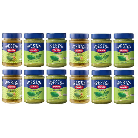 Barilla Testpaket 12x Barilla grünes 4x Pesto Basilico e Rucola 4x Pesto genovese 4x Pesto pistacchio Pesto Basilico e Pistacchio Pesto mit Basilikum und