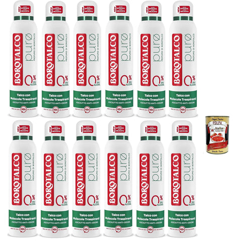 Borotalco Deodorante Spray Puro, mit Talk mit atmungsaktiven Molekülen, Formel ohne Alkohol und Aluminiumsalze, trockene Anti Podiums, 48 Stunden Wirksamkeit 12x 150 ml italienisch Original