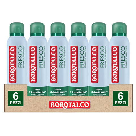 Borotalco Deo Spray 48h Frischer Duft von Talkum mit aktiven Kristallen extra trocken 6 Flaschen à 150 ml italienisch Original