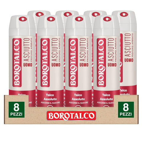 Borotalco Trockenes Lufterfrischer - Spray für Herren Deo 72 Stunden mit Talkum, absorbiert Schweiß ohne Alkohol, Duft Bernstein, 8 Flaschen à 150 ml Original italienisch