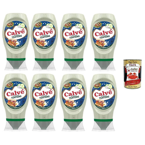 Calvè Saucen Calvè Tzatziki Sauce, 8 Stück à 250 ml, Tzatziki Sauce auf Basis von Gurke und Knoblauch, Ideal für Dips, Salate, Fleisch und Fisch, Ohne Farbstoffe, Glutenfrei, Vegan italienisch Original 8720182621634