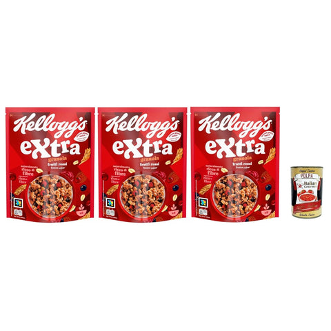 Cereali Extra Haferflocken Cereali Extra "Frutti Rossi" | Probieren Sie Schokolade und Rote Früchte| breakfast Cereals, Müsli mit knusprigem Hafer | 3x 375g Original italienisch inkl. Italian Gourmet Polpa 400g 8032804040014