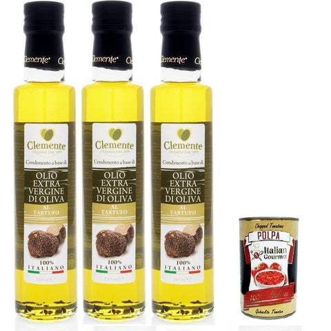 Clemente-Öl Oliven Clemente-Öl Trüffelgeschmack 3 Flaschen à 250 ml | Italienisches Extra Natives Olivenöl | Glutenfreies italienisches Olivenöl extra vergine Original italienisch inkl. Italian Gourmet Polpa 400g 8032804040014