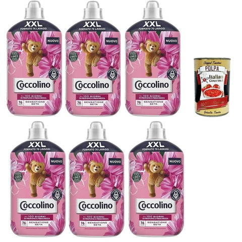 Coccolino Flüssiger Weichspüler Coccolino XXL Ammorbidente Concentrato Sensazione Seta,Konzentrierter Weichspüler,76 Wäschen, 6x 1750ml Original italienisch inkl. Italian Gourmet Polpa 400g 8032804040014