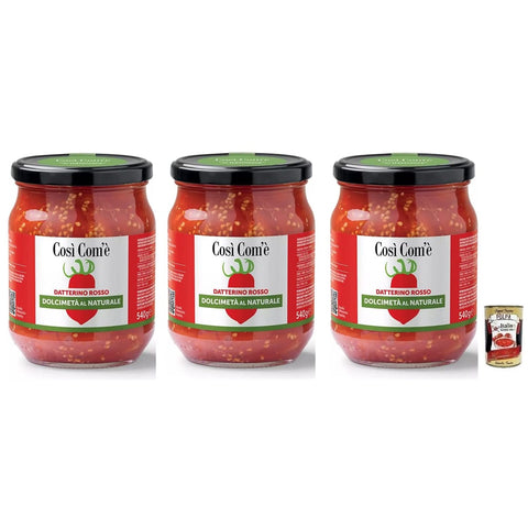Cosi com'è Gemüse Cosi com'è Così Com'è Datterino Rosso Dolcimetà al Naturale,Natürliche Rote Datterino-Tomate Halbiert,Italienische Tomaten,540g Glas 3x Original italienisch inkl. Italian Gourmet Polpa di Pomodoro 400g Dose 8017995200126