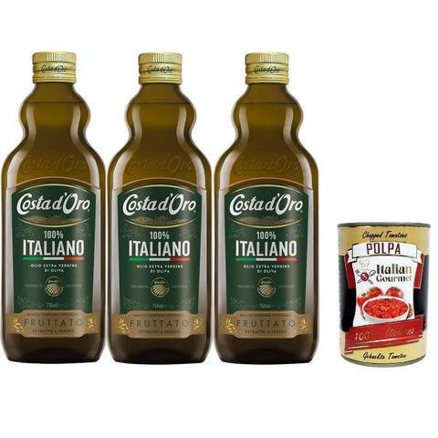 Costa d'oro Oliven Costa d'oro Der Italiener 750 ml. Natives Olivenöl extra kalt gewonnen aus 100% italienischen Oliven, fruchtig. 3x 75 cl Flasche Original italienisch inkl. Italian Gourmet Polpa 400g 8032804040014