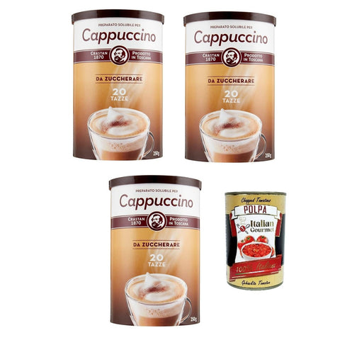 Crastan Cappuccino Classico da zuccherare Instantkaffee Cappuccino löslicher ungesüßt 3x250 g italienisch Original Pastasauce + kostenlos polpa 400 g