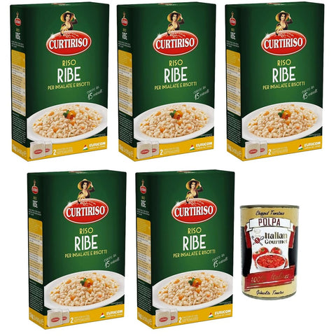 Curtiriso Reis Curtiriso Riso Ribe,100% Italienischer Reis,Ideal für Salate und Risottos,15 Minuten,Packung mit 1Kg 5x Original italienisch inkl. Italian Gourmet Polpa di Pomodoro 400g Dose 8017759011203