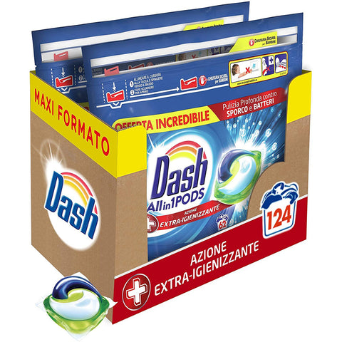 Dash Pods Waschmittel in Kapseln, 124 Waschgänge (2 x 62), desinfizierende Wirkung, Maxi Format, für eine hygienische Reinigung, auch bei niedrigen Temperaturen wirksam italienisch Original