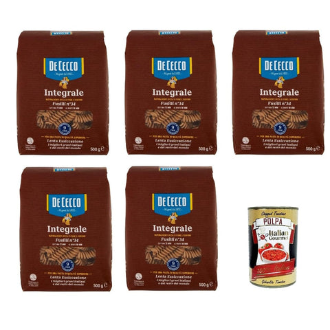 DE CECCO Internationale Nudeln DE CECCO Integrale Fusilli N° 34, Pasta integrale, Vollkornnudeln, 5x 500g Original italienisch inkl. Italian Gourmet Polpa 400g 8032804040014