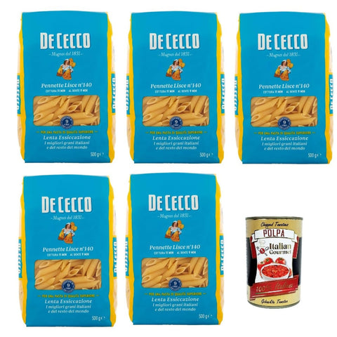 DE CECCO Internationale Nudeln DE CECCO Pennette Lisce N°140 100% Italienisch Pasta Nudeln 5x 500g Original italienisch inkl. Italian Gourmet Polpa 400g 8032804040014