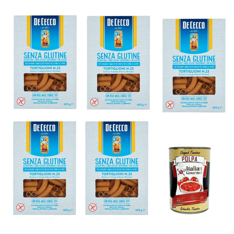 De Cecco Tortiglioni senza Glutine No.23 Glutenfrei 100% Italienisch Pasta Nudeln gluten free 5x400 G italienisch Original + kostenlos polpa 400 g