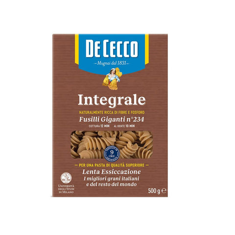 De Cecco Kurze Pasta De Cecco Fusilli Giganti n° 234 Integrali Vollkornnudeln Nudeln Hartweizengrieß Pasta Vollkorn Packung 3x 500g italienisch Original 8001250006202