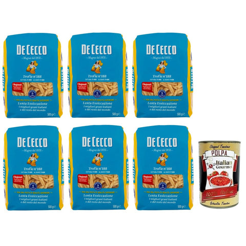 DE CECCO Nudeln & Pasta DE CECCO Trofie N°188 Hartweizengrieß Pasta,Italienischer Weizen,500g-Packung 6x Original italienisch inkl. Italian Gourmet Polpa di Pomodoro 400g Dose 8001250016256