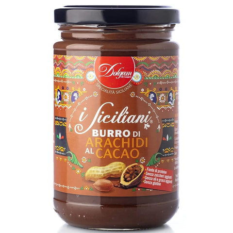 Dolgam Erdnuss Dolgam I Siciliani Burro di Arachidi al Cacao Kakao Erdnussbutter Sizilianische Spezialitäten Glasgefäß von Streichfähige 300g italienisch Original 8008052304475