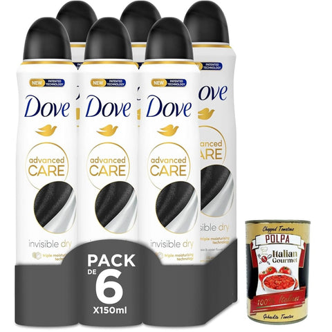 Dove Deo Dove deo Advanced Care Deodorant Original italienisch Invisible Dry, deo Mit feuchtigkeitsspendenden und empfindlichen Formel,ohne Alkohol, 72 Stunden, 6x 150 ml italienisch inkl. Italian Gourmet Polpa 400g 8032804040014