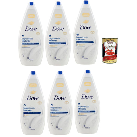 Dove Duschgel Dove bagnodoccia idratante, Schaumbäder Bades bath shower foam, Weichheit und Pflege 6x 700 ml Original italienisch inkl. Italian Gourmet Polpa 400g 8032804040014