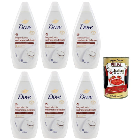 Dove Duschgel Dove bagnodoccia nutrimento delicato, mit Kokos- und Mandelöl, Schaumbäder Bades bath shower foam, Weichheit und Pflege 6x 450 ml Original italienisch inkl. Italian Gourmet Polpa 400g 8720181493294