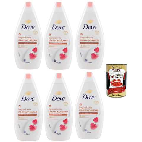 Dove Duschgel Dove bagnodoccia piacere avvolgente mit almond oil and hibiscus, Schaumbäder Bades bath shower foam, Weichheit und Pflege 6x 700 ml + Italian Gourmet polpa 400g SONDERANGEBOT 8720182482082