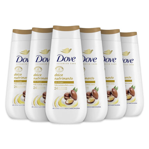 Dove Duschgel Dove Süßes Nährendes Duschgel, feuchtigkeitsspendendes Duschgel, milde Formel auf dem Hautmikrobiom, mit pflanzlichen Feuchtigkeitsspendern, ohne SLES, Duschbad für Damen und Herren, 6 Stück à 225 ml Original italienisch 8720181461187