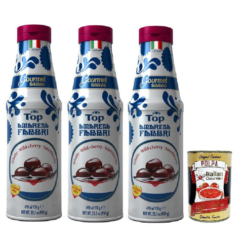 Fabbri Sirupe Fabbri top amarena, Gourmet Sauce Topping Amarena Schwarze Kirsche Süß-saure Kirschsauce zum Garnieren und Überziehen von Eis und Desserts 3x 950g Original italienisch inkl. Italian Gourmet Polpa 400g 0
