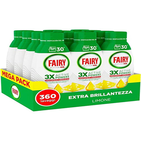 Fairy Platinum Geschirrspüler, Geschirrspüler, 360 Waschgänge, 1 Packung mit 12 Flaschen, extra glänzend, Zitronenduft Original italienisch