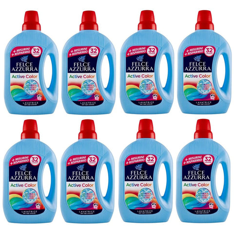Felce Azzurra Color- & Feinwäsche Felce Azzurra Lavatrice Active Color,Flüssigwaschmittel für die Waschmaschine Wirksam bei Kälte,für Buntwäsche,32 Wäschen 1595ml 8er-Pack Original italienisch 8001280409592