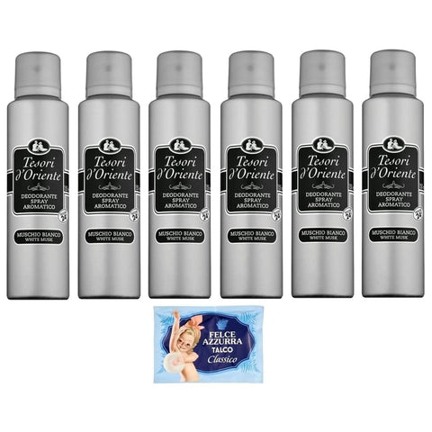 Felce Azzurra Deo Felce Azzurra 6er-Pack Tesori d'Oriente Muschio Bianco Aromatisches Deodorant Spray Weißer Moschus 1er-Pack Kostenlos Felce Azzurra Talkumpuder -Beutel 150 ml 8001280026102