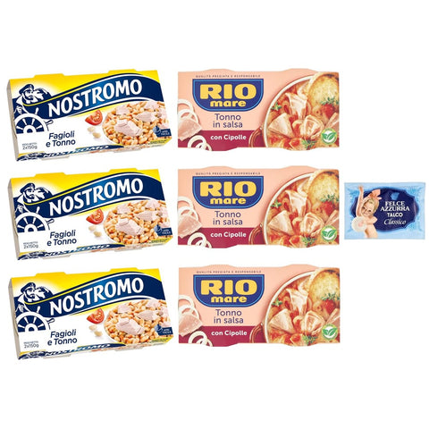 Felce Azzurra Fleisch, Geflügel & Wild Felce Azzurra Testpaket Rio Mare Thunfisch und Zwiebeln 6er-Pack Original italienisch inkl. Nostromo Thunfisch und Bohnen Fertiggericht, 2x150g + 1er-Pack Kostenlos Felce Azzurra Talkumpuder, 100g-Beutel 8001280026102