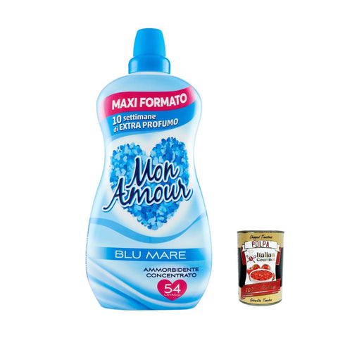Felce Azzurra Flüssiger Weichspüler 6x FELCE AZZURRA Mon Amour Blu Mare Ammorbidente Concentrato, Konzentrierter Weichspüler, 54 Wäschen, 1350 ml italienisch Original + kostenlos polpa 400 g 8001280070662