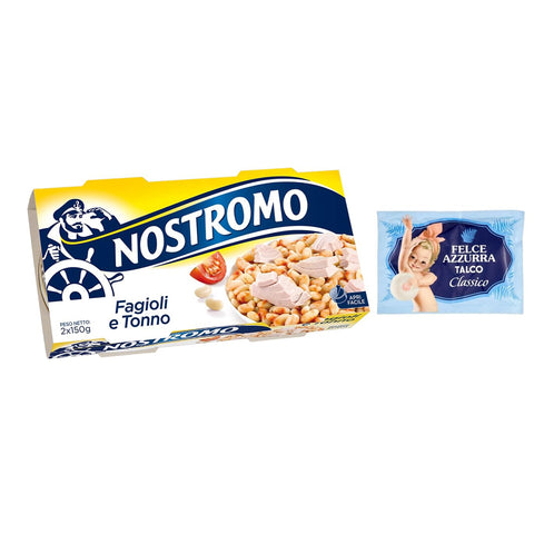 Nostromo Tonno e Fagioli Fertiggericht mit Thunfisch und Bohnen,2x150g 5er-Pack Original italienisch inkl. 1er-Pack Kostenlos Felce Azzurra Talkumpuder, 100g-Beutel
