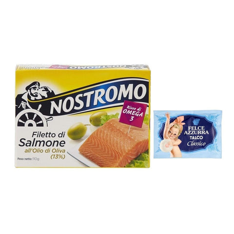 Felce azzurra 5er - Pack Nostromo Filetto di Salmone all'Olio di Oliva, Lachsfilets in Olivenöl, 110g + 1er - Pack Kostenlos Felce azzurra Talkumpuder, - Beutel 100g Original italienisch