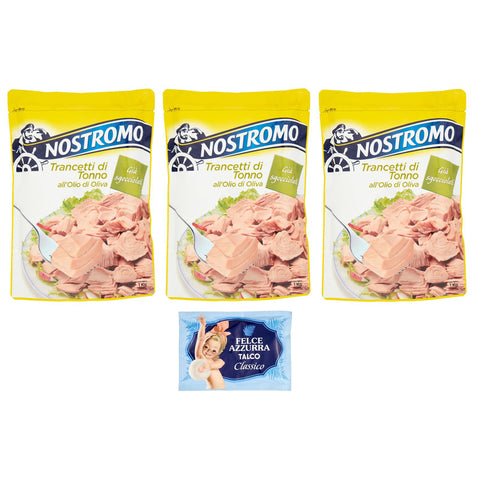 Nostromo Trancetti di Tonno all'olio di oliva,Thunfischsteaks in Olivenöl,1Kg Beutel 3er-Pack Original italienisch inkl. 1er-Pack Kostenlos Felce Azzurra Talkumpuder, 100g-Beutel
