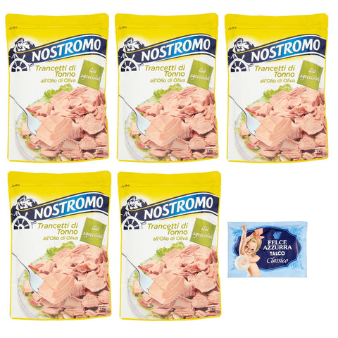 Felce azzurra 5er - Pack Nostromo Trancetti di Tonno all'olio di oliva, Thunfischsteaks in Olivenöl, 1Kg Beutel + 1er - Pack Kostenlos Felce azzurra Talkumpuder, - Beutel 100g Original italienisch