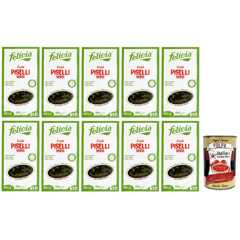 Felicia Kurze Pasta Felicia Fusilli di Piselli Verdi,Pasta mit 100% Grüne Erbsen aus einer Italienischen Lieferkette,Bio und Natürlich Glutenfrei,Packung mit 250g 10x Original italienisch inkl. Italian Gourmet Polpa di Pomodoro 400g Dose 8032804430501