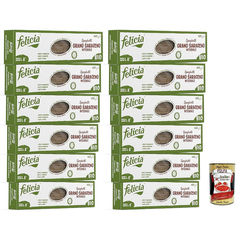 Felicia Längliche Pasta Felicia Pasta Spaghetti di Grano Saraceno Integrale, Vollkornnudel, reiche Quelle für Ballaststoffe und Mineralsalze, Magnesium und Mangan, Veganer, 12x 340g Original italienisch inkl. Italian Gourmet Polpa 400g 8032804431683