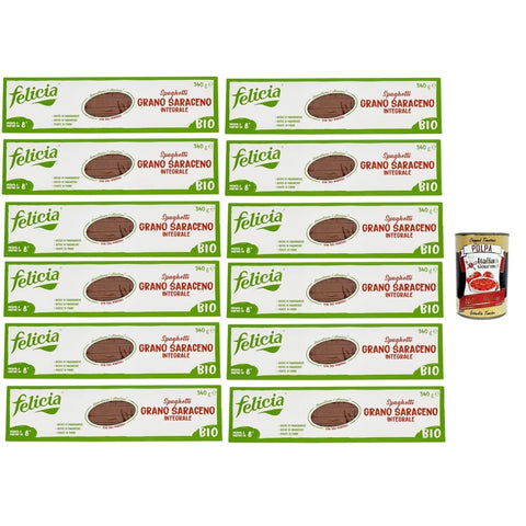 Felicia Nudeln & Pasta Felicia Spaghetti di Grano Saraceno Integrale,Pasta mit 100% Buchweizen, Natürlich Glutenfrei,Packung mit 12x 340g Original italienisch inkl. Italian Gourmet Polpa di Pomodoro 400g Dose 8032804431683