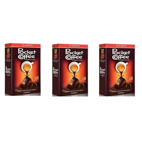 Ferrero Geröstete Bohnen Ferrero Pocket Coffee Espresso 18 pezzi Pralinen mit flüssigem Kaffee gefüllt 3x 225g italienisch Original 4008400141527