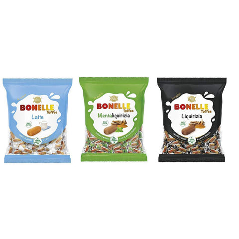 Fida Testpaket Fida Bonelle Toffee Bonbons Liquirizia Latte MentaLiquirizia Gluten frei geeignet für Vegetarier weiche 3 x 150g italienisch Original