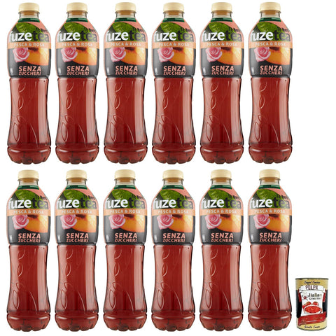 Fuze tea Senza Zuccheri Pesca,Ohne Zucker Schwarzer Tee Pfirsich- und Rosen Eistee,Erfrischungsgetränk,Alkoholfrei,Einweg-PET-Flasche 1,25Lt 12x Original italienisch inkl. Italian Gourmet Polpa di Pomodoro 400g Dose